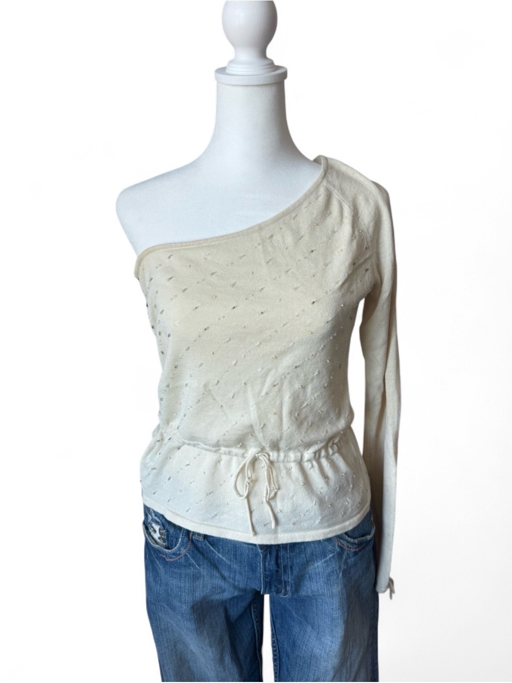 Urchin Y2K Cream One Shoulder Embellished Drawstring Top